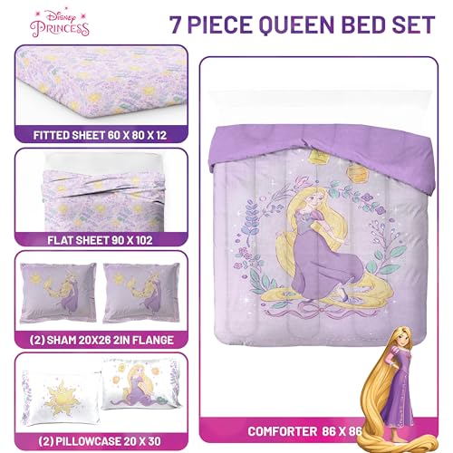 Image of Disney Princess Rapunzel Queen Comforter Set 7 Piece Kids Bedding, Purple | Bed in a Bag, Comforter Sheets Shams Pillowcases, Official Brand, Soft Microfiber, Machine Washable, Girls Gift