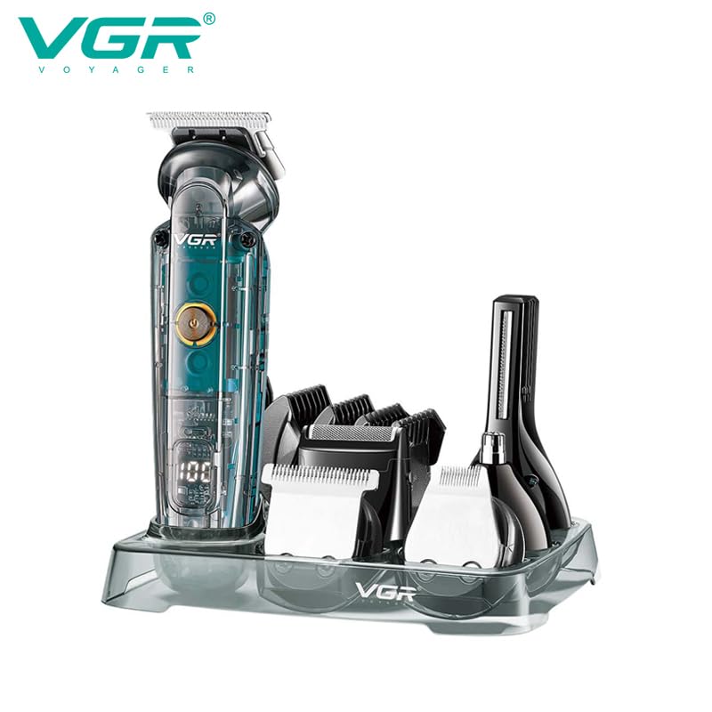 Image of VGR V-102 6-in-1 Professional Grooming Kit for Men | Trimmers for Face, Hair, Nose, Ears & Body | IPX6 Waterproof, 180 Minutes Runtime, 10 Guide Combs, Travel Pouch Included (Clear) 2 Year Warranty