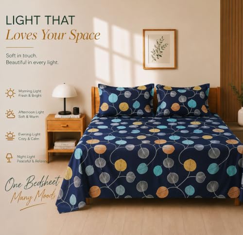 Image of BSB HOME 210 TC Cotton Feel Double Bedsheet with 2 Pillow Covers, Soft & Breathable Floral Printed Bed Sheet, Easy Care Bedding for Bedroom - 86 x 88 Inches (218 x 224 cm) (Midnight Ink Navy)