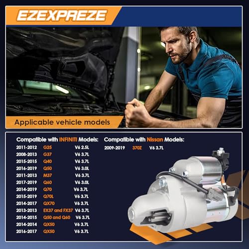 Image of Ezexpreze 17934 Starter Motor Compatible with Nissan 370Z 09-19, Infiniti Q50 14-19, G25 11-12, QX50 14 16-17, Q60 14-19, G37 08-13, QX70 14-17, Q70 FX37 Q40 EX37 M37, 2.5L 3.0L 3.7L