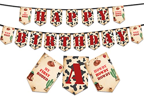 Cowboy Happy Birthday Banner My First Rodeo Banner for Kids Wild West Cowboy Cowgirl Birthday Party Decorations Supplies