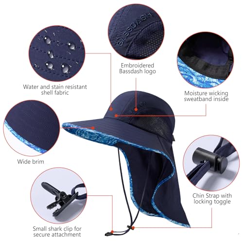 Image of BASSDASH UPF 50+ Unisex Water Resistant Wide Brim Sun Hat with Large Neck Flap Ponytail Fishing Hat for Men Women