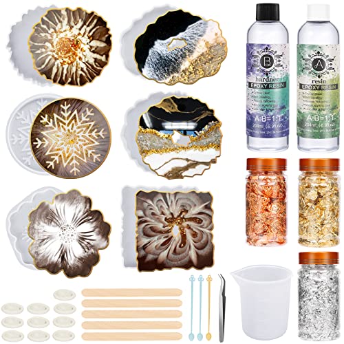 OSTWOLKE Untersetzer Machen Silikonform Untersetzer 400ml Epoxidharz Set Anfänger Harz gießen Set Silikonformen Epoxidharz mit 6 Kunstharz Gieße Art Achat Untersetzer 3 Blattgold Cover