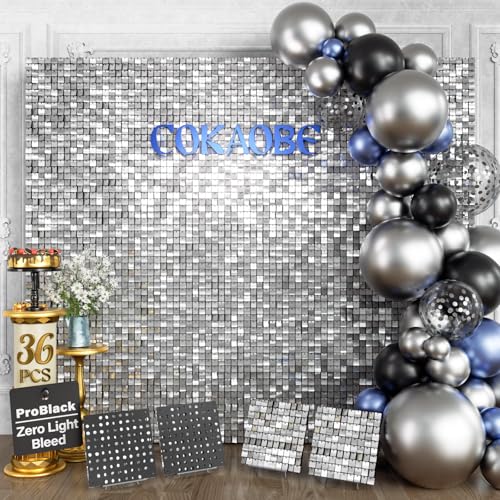 COKAOBE ProBlack Series Shimmer Wall Backdrop 36 Pcs Silver Square Sequin Glitter Backdrop Panel Black Back Not See-Through Design Perfect for Birthday Graduation Wedding and Party Decoration