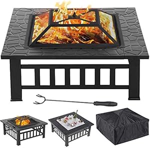 Yaheetech 3-in-1 tuinhaard, 81 x 81 x 36,5 cm, vierkante vuurschaal, vuurkorf met afdekking en vonkenbeschermingsrooster…