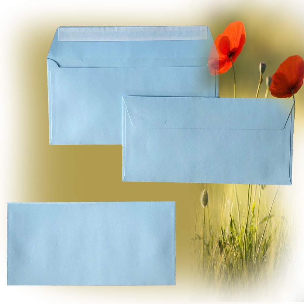 Enveloppes DIN longues - 110 x 220 mm - 120 g - Rabat droit avec patte autocollante - Idéal pour anniversaire, mariage, invitations, cartes de vœux, Noël - 100 x 17 cm - Bleu clair