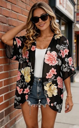 Image of FINOCEANS Womens Floral Chiffon Kimono Cardigans Loose Beach Cover Up Half Sleeve Tops