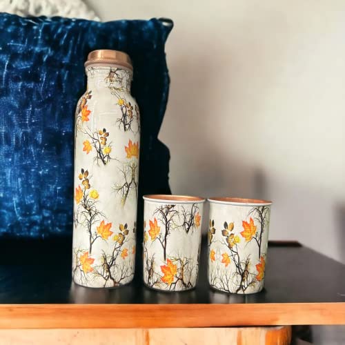 Image of Copper Water Bottle 1 Ltr | Copper Water Bottle with Glass Set | Meena Work | 100% Pure | Leak-Proof | 2 Water Glass 300ml each | Best for Gifting ((Meena Worked - Leaf Design - 1))