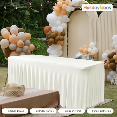 Image of HolidayIdeas 6ft Spandex Table Skirts for Desert Table Fitted Stretch Tablecloth 30x72 Inch, Ruffle Design Wrinkle-Free Spandex Tablecloth for Parties, Weddings, Banquets Events, Beige,2 Pack