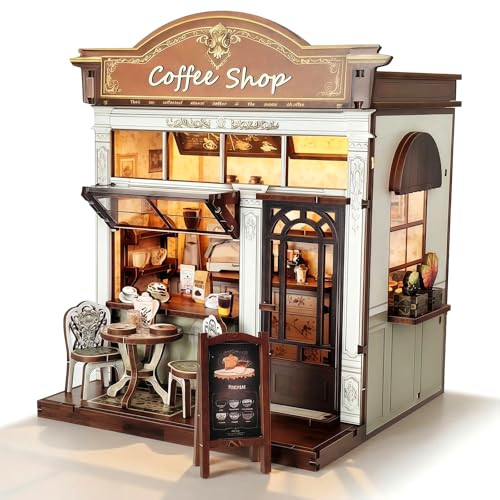 Reenovan Book Nook Kit DIY Miniature House Kit for Adults & Teens Cozy Coffee Shop Scene Bookshelf Insert Decor with LED 3D Wooden Puzzle Gift for Book Lovers (Coffee Shop)