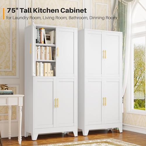 Image of winiowa 75 inch Tall Kitchen Pantry Cabinet, Metal Storage Cabinet with Doors and Adjustable Shelves, White Freestanding Pantry Cabinet for Kitchen, Dining Room, Living Room, Laundry Room, Bathroom