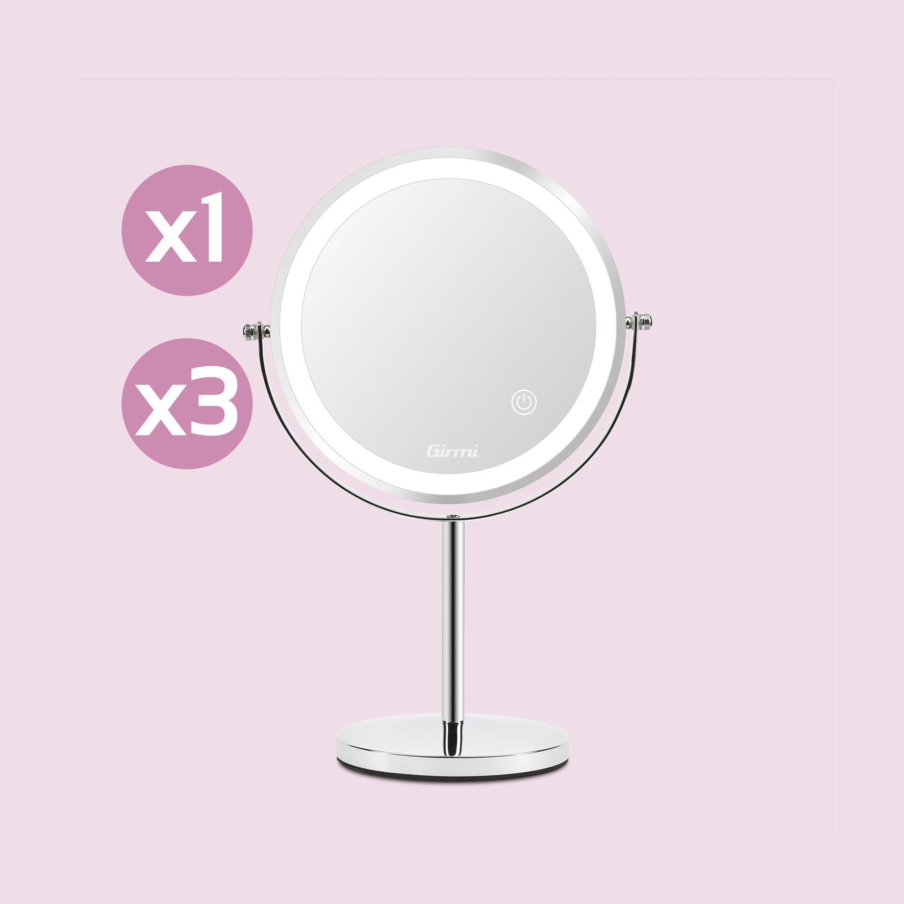 Girmi BE02 Specchio per Trucco con Luce LED, Lente di ingrandimento 1x/3X, Illuminazione a 3 colori, Ricaricabile con Doppio specchio, Rotazione a 360° e Tasto Touchscreen, Cromato