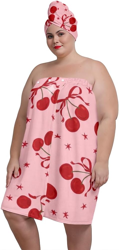 Women’s Pink Cherry Spa Wrap & Hair Towel Set - Soft Microfiber Body Wrap with 3-Snap Closure, Absorbent Quick Dry Hair Turban, Cute Coquette Bow Aesthetic Bathrobe (Cherry 12, Large)