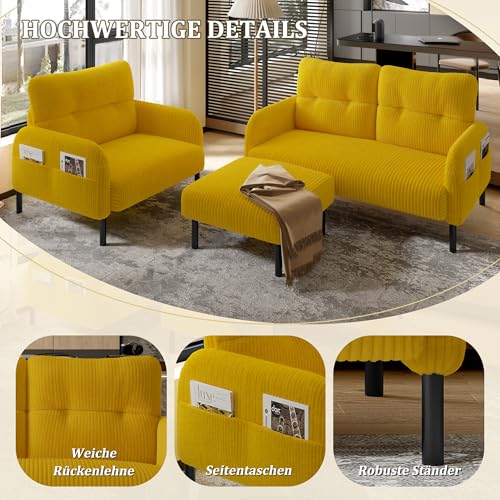 Cord 3er-Set Sessel + Hocker + 2-Sitzer Sofa mit Seitentasche Stahlrohrgestell & extraweiche Rückenlehne Tiefe Sitzfläche Modular kombinierbar für Wohnzimmer, Senfgelb – Bild 5