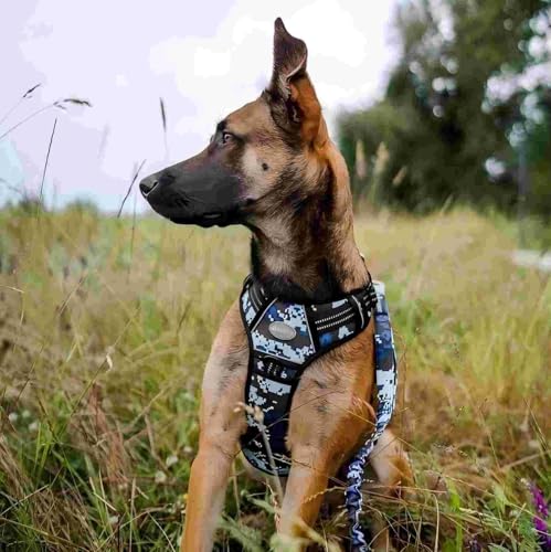 Image of Auroth Tactical Dog Training Harness No Pulling Front Clip Leash Adhesion Reflective K9 Pet Working Vest Easy Control for Small Medium Large Dogs Blue Camo L