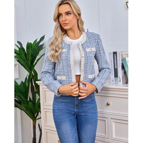 Xaspee Women's Tweed Blazers Cropped Long Sleeve Crewneck Open Front Lace Trim Lightweight Plaid Work Blazer Jackets4