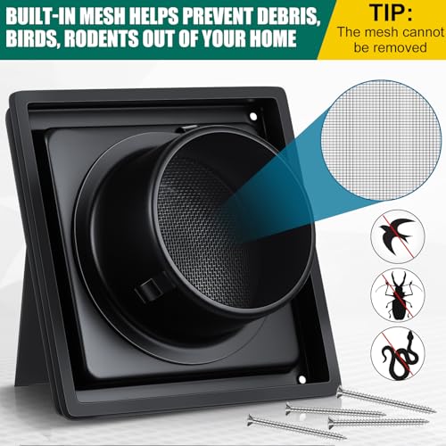 Image of Gisafai 4 inch Dryer Vent Cover Outside with Stainless Steel Guard Wall Dryer Exhaust Cap and Removable Extended Pipe Vent Shroud Hood Cushioned Non Return Flap with Sealing Gasket Grille(Black)