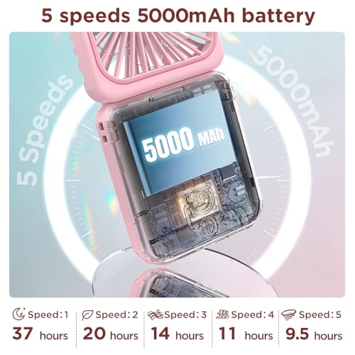 EasyAcc Tischventilator Batteriebetriebener 5000mAh mit Umhängeband,32 Std Tragbarer Ventilator mit Spiegel, 5-Gang-wiederaufladbarer persönlicher Nackenventilator, Powerbank mit Telefonhalterung-Rosa