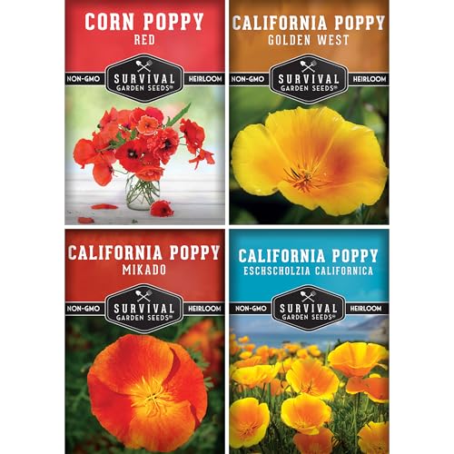 Poppy Collection 4 Variety Pack of Seeds for Planting &ndash; California, Golden West, Mikado & Red Corn...