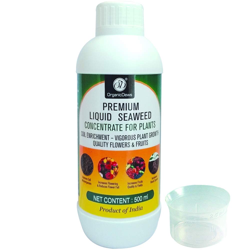OrganicDews Liquid Seaweed Concentrate for Plants 500 ml with Measuring Cup 25 ml Fertilizer for All Indoor and Outdoor Plants 500 ml