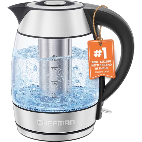Chefman Electric Kettle 1.8L, 1500W Fast Boiling Water Heater, Auto Shutoff, Boil Dry Protection & Cordless Pouring, BPA Free, Removable Tea Infuser, Borosilicate Glass, Stainless Steel