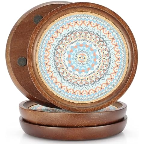 Stahala Wooden Drink Coasters,4.7 in Coasters for Drinks Absorbent Cork Coasters Set,Natural Wood Stackable Reusable Coasters for Home Office Coffee Bar Table,Rustic Gifts for New Home Friends Cover