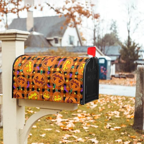 Image of Halloween Mailbox Cover Magnetic Standard Size 25.5x21 Inch Spooky Pumpkins Bats Mailbox Wrap Letter Post Cover with Black Orange Buffalo Plaids for Yard Garden Home Outdoor Decor