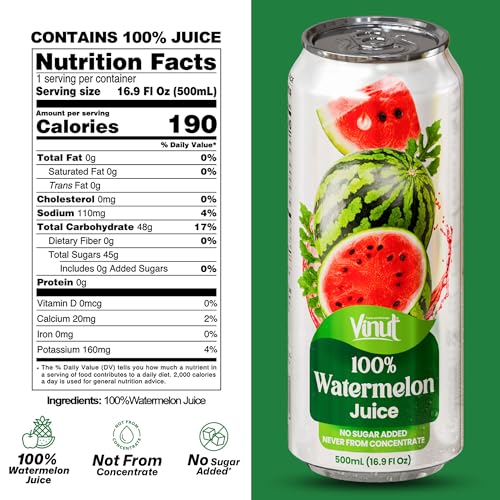 Image of VINUT 100% Watermelon Juice, No Added Sugar, Not From Concentrate, 16.9 fl oz (500 mL) Can, Pack of 6