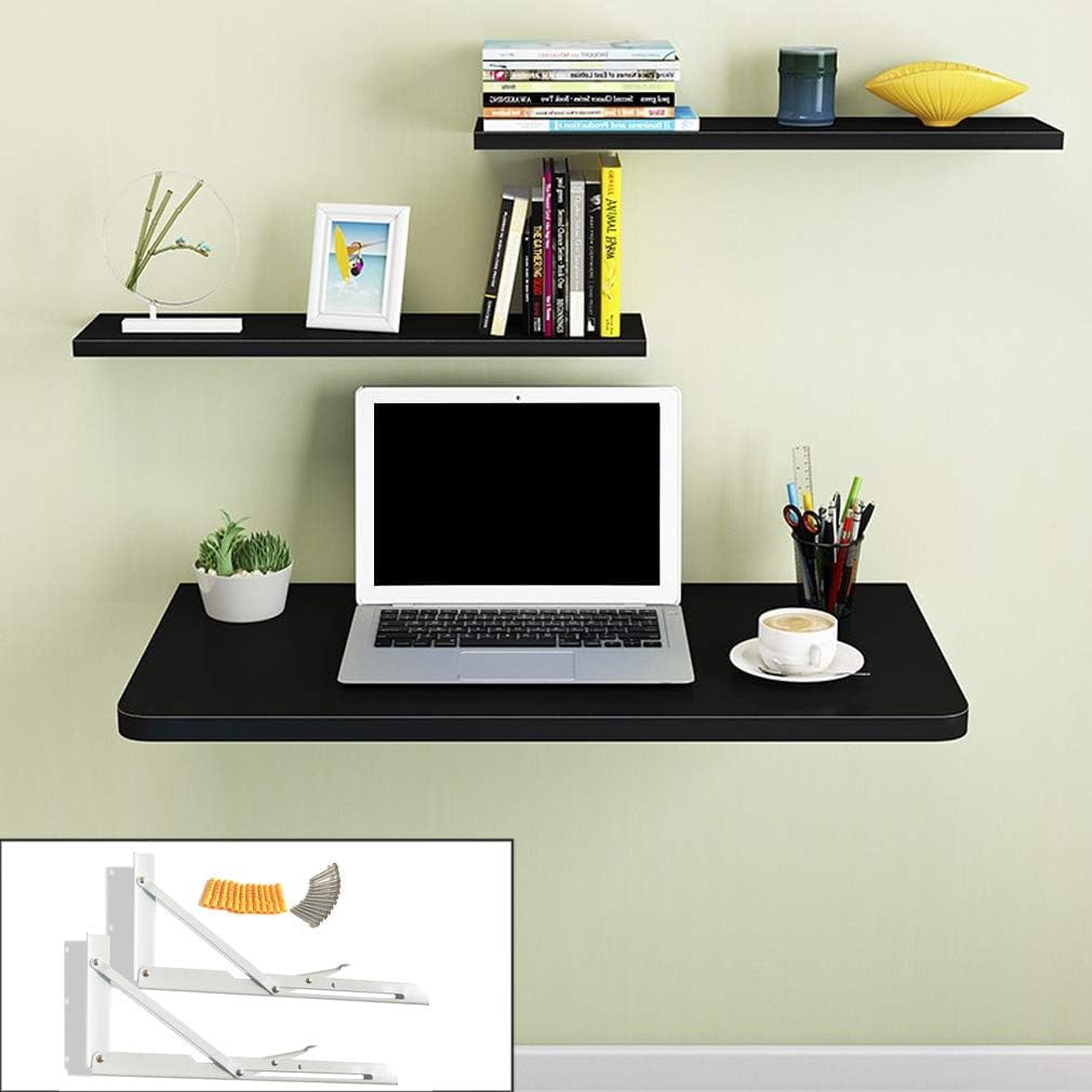 Livzing 24 X 16 Inches-Engineered Wood Wall Mounted Round Corner Folding Wall Study Table with 24 X 8 Inches- 2-Wall Mount Shelf | Foldable Laptop Desk for Home and Office Computer | Wall Mount Table