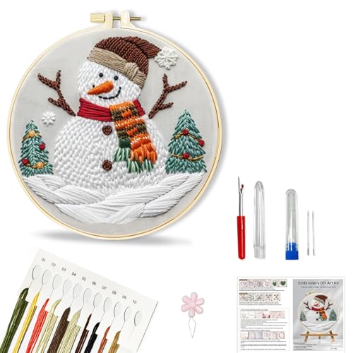 Image of Huacan Embroidery Kit for Beginners Adults, Easy Needlepoint Kits for Adults with Stamped Embroidery Patterns. (Snowman)