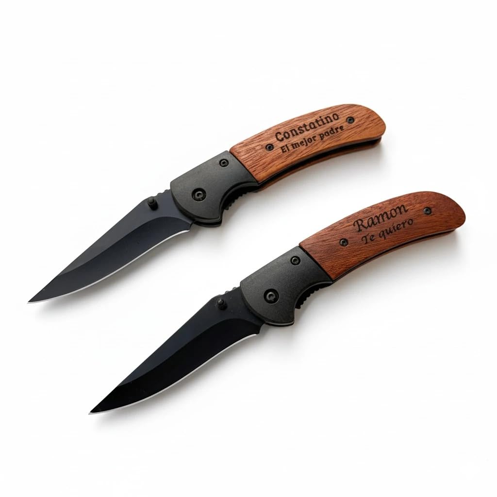 regalo grabado Navaja Personalizada de Acero Negro y Madera con Funda 11 cm | Navaja de bolsillo 11 cm, Grabado láser de texto personalizado, Acero inoxidable negro y cacha de madera, Funda incluida