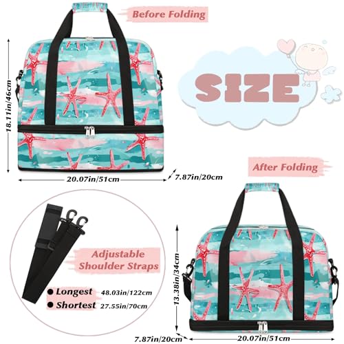 Travel Duffel Bag with Shoe Compartment, Pink Starfish Stripes Shoulder Weekender Bags for Women, Foldable Waterproof Travel Bag Carry on Bag2