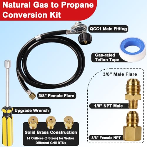 Image of Natural Gas to Propane Conversion Kit for Weber Genesis /Genesis II, 5 Feet Propane Regulator Hose, 14 Precision Orifices (3 Sizes), 3 /8 inch Fittings & Installation Tools - Fits Spirit II 210 /215 /310 /315