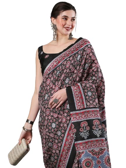 SAREE MALL Women's Ajrak Block Print Dola Silk Saree With Unstitched Blouse Piece