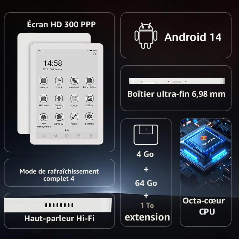 Bigme B6 Mini liseuse e-book Android 14 de 6" avec 4 Go + 64 Go de mémoire, blanche