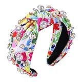 CEALXHENY Pearl Knotted Headbands for Women, Printed Flower Headbands Rhinestone Crystal Knotted Headbands Sparkly Jeweled Beads Embellished Top Knot Headband Summer Hair Accessories (Multicolor A)