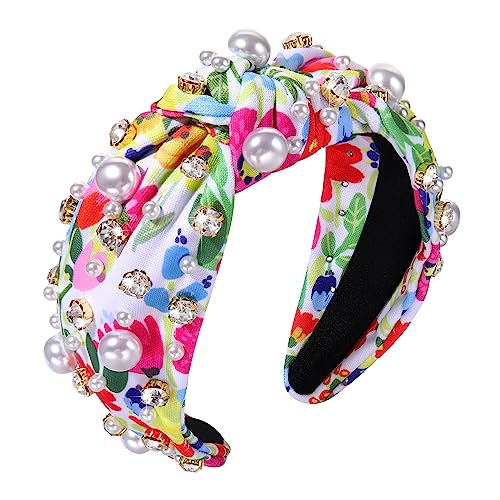CEALXHENY Pearl Knotted Headbands for Women, Printed Flower Headbands Rhinestone Crystal Knotted Headband Sparkly Jeweled Beads Embellished Top Knot Headband Summer Hair Accessories (Multicolor A)