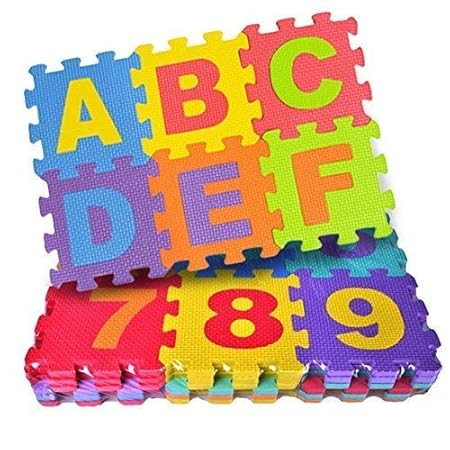 FunBlast 36 Pieces Mini Puzzle Foam Mat for Kids, Interlocking Learning Alphabet and Number Mat for Kids - Multi-Color