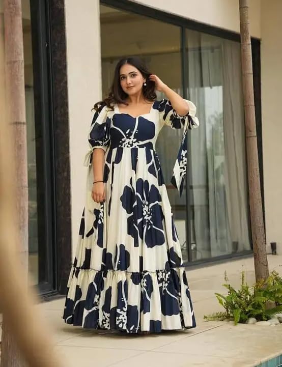 Image of Women Floral Printed Tiered Maxi Dress with Puff Sleeves, Empire Waist, Tie-Up Detail, Flared Long Dress for Casual Wear, Summer Outings, Vacation & Resort Wear - Causal Gown for Women