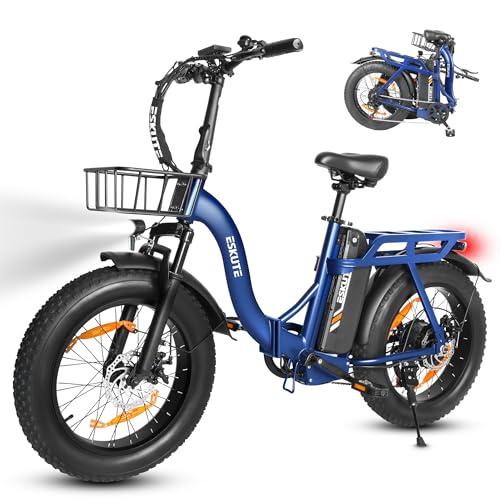 ESKUTE E-Bike D202 PRO, 20×4 Zoll faltbares Fatbike, 48V 20,8Ah Akku, bis 100 km Reichweite, 250W Motor, 7-Gang Schaltung, für Herren & Damen, Gelände, Strand & Schnee, Blau