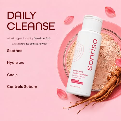 Image of Sonrisa K-Beauty Red Ginseng Powder Face Wash (50g) | Korean Skin Care Enzyme Cleanser for Sensitive Skin | Travel Friendly | Removes Makeup & Sebum | Gentle Daily Use