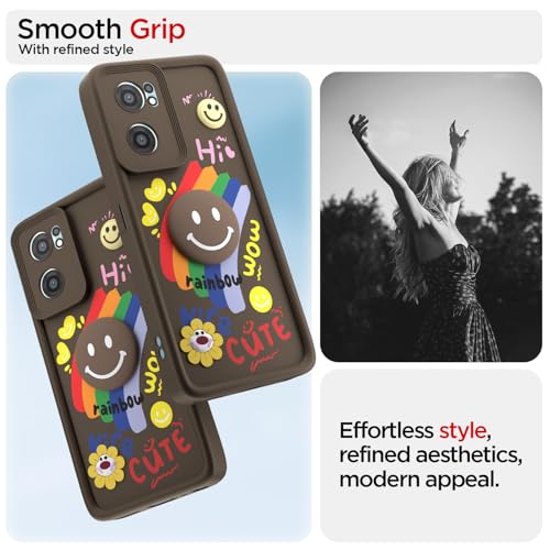 Image of Pikkme Back Cover for OnePlus Nord Ce 2 5G | Soft Silicone| Cute Rainbow Smile & 3D Cartoon Flower Design | Shockproof Raised Camera Protection Bumper Case (Brown)