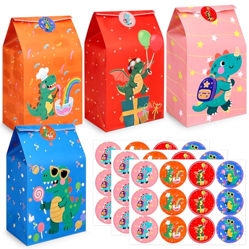 Tatxmalv 24 PCS Dinosaurio Bolsas de Papel Kraft con 36 Pegatinas, Bolsa de Regalo Vistoso, Para Cumpleaños para Niños, Fiestas, Bodas, 24 cm x 13 cm x 8 cm