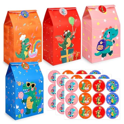 Tatxmalv 24 PCS Dinosaurio Bolsas de Papel Kraft con 36 Pegatinas, Bolsa de Regalo Vistoso, Para Cumpleaños para Niños, Fiestas, Bodas, 24 cm x 13 cm x 8 cm