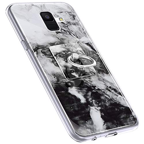 Urhause Cover Compatible with Samsung Galaxy A6 2018 Case Sparkle Glitter Bling Marble Case TPU Silicone Ring Holder Cover 360 Degree Rotation Ring Kickstand Shiny Bling Shockproof Cover Black & W