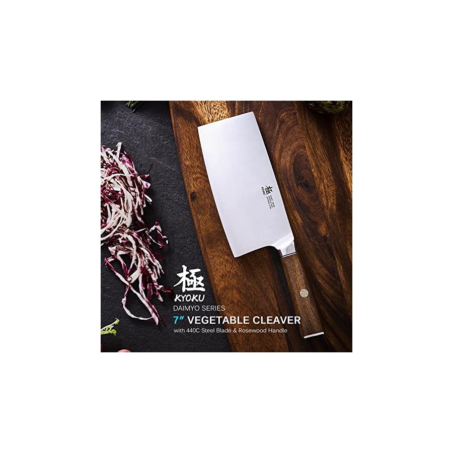 KYOKU-7-Inch-Vegetable-Cleaver-Daimyo-Series-Vegetable-Knife-with-Ergonomic-Rosewood-Handle-Mosaic-Pin-Japanese-440C-Stainless-Steel-Kitchen-Knife-with-Sheath-Case KYOKU 7 Inch Vegetable Cleaver - Daimyo Series - Vegetable Knife with Ergonomic Rosewood Handle, & Mosaic Pin - Japanese 440C Stainless Steel Kitchen Knife with Sheath & Case