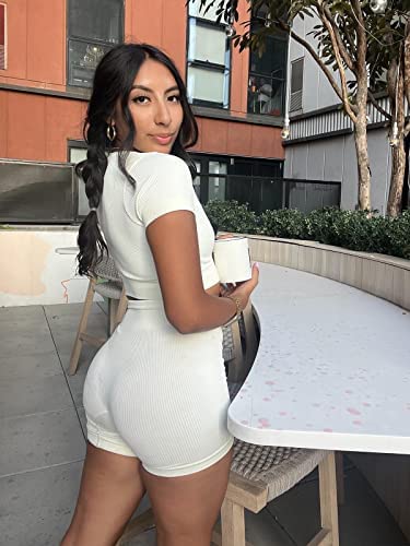 Women's 3 Piece Workout Shorts Yoga Seamless Ribbed High Waisted Spandex Booty Biker Shorts (Y8Sp-B/W/Blue M) #TOP1