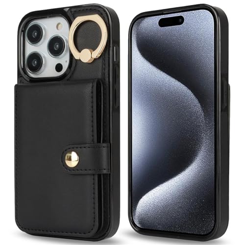 Étui portefeuille iPhone 16 noir en cuir PU avec anneau et support