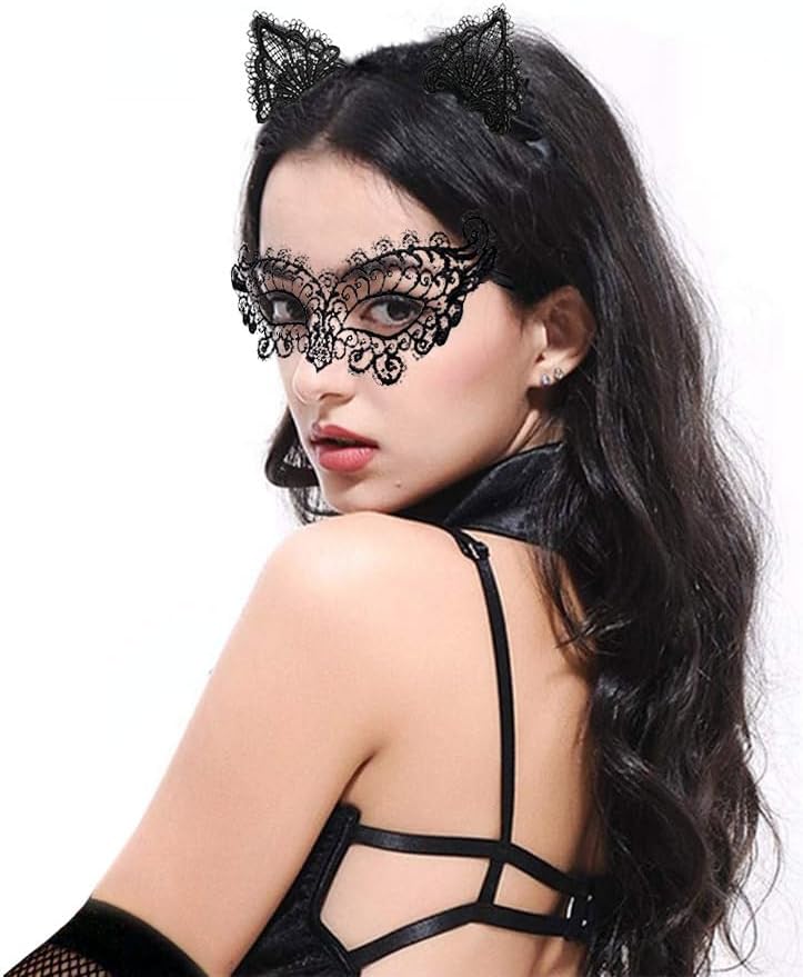 Black Cat Costume for Women, Halloween Masquerade Mask, Lace Ears, Gloves, Tail, Choker Necklace - Image 9
