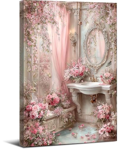 Image of Frimeeme Vintage Pink Bathroom Canvas Wall Art, 12 x 16 In, Ready To Hang